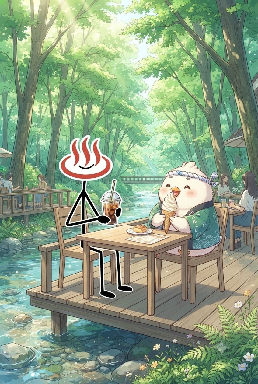 渓流沿いの森カフェで、とりじんがソフトクリームとパンを味わい、YU人がアイスコーヒーを手にしているイラスト、養老渓谷グルメのイメージ