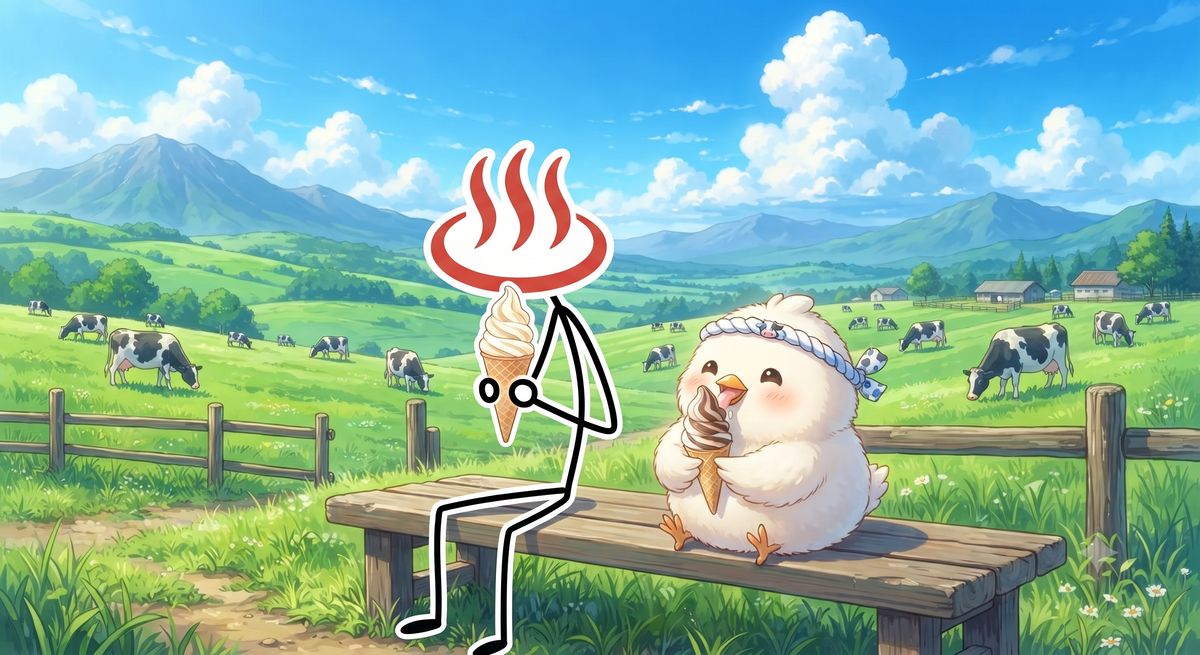 牧場を背景に、とりじんとYU人がソフトクリームを味わうイラスト、ジェラート・スイーツのイメージカット