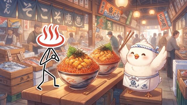いくら・うにが盛られた海鮮丼を前に箸を構えるとりじんキャラクターのイラスト、角島グルメ特集のイメージ
