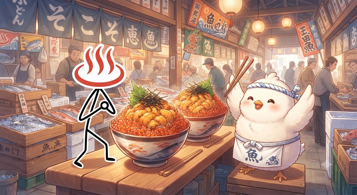 旬の食材を使ったどんぶりを前に箸を構えるとりじんのイラスト、養老渓谷ランチのイメージカット