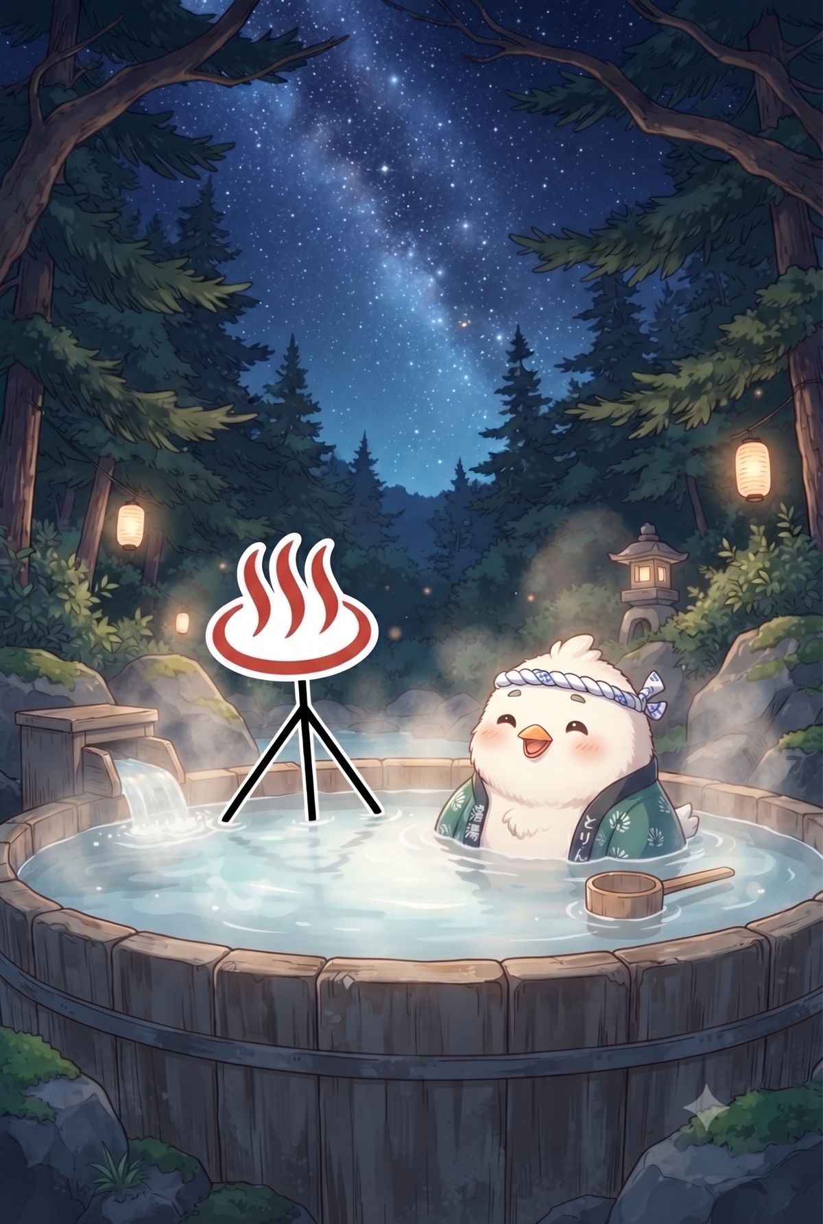 満天の星空の下、露天風呂でくつろぐ雰囲気のイメージイラスト(夜の温泉のイメージカット)