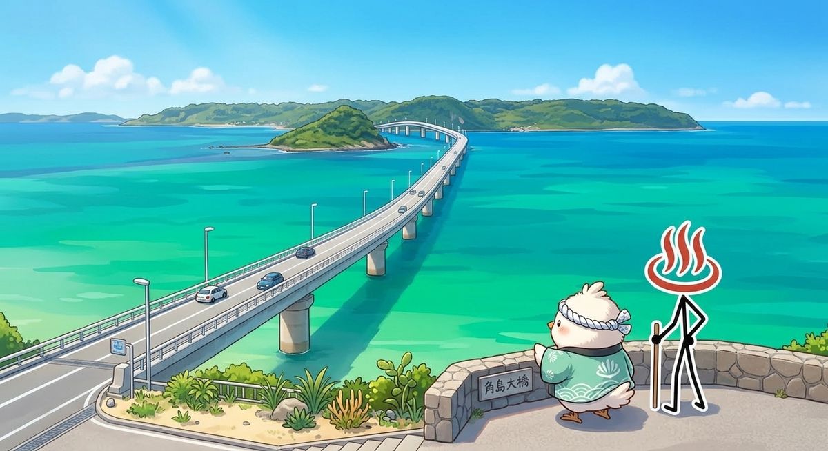 角島大橋のたもとに広がる駐車場。多くの乗用車やバスが停まり、奥にはターコイズブルーの海と橋が見える。