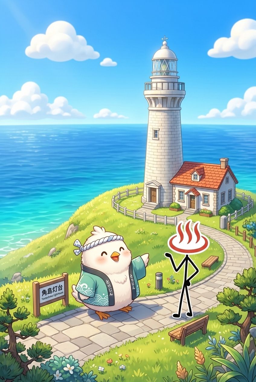 高台の展望スポットから見下ろした角島大橋。ターコイズブルーの海の上をまっすぐ伸びる橋と、手前にある「角島大橋」と刻まれた石碑。