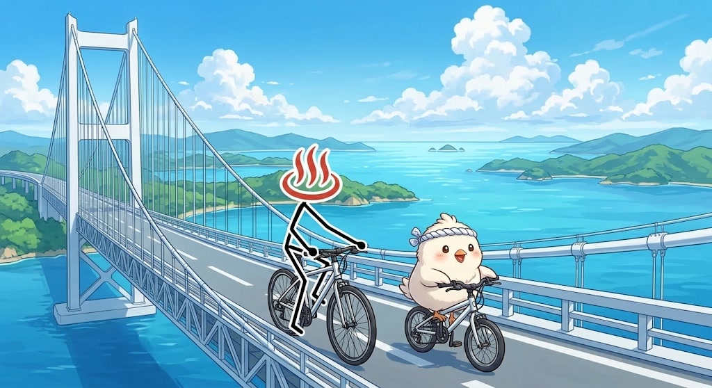 とりじんとYU人が来島海峡大橋を自転車で渡る様子、瀬戸内海に浮かぶ島々と青空の背景