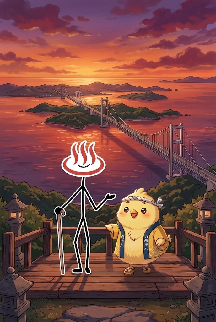 亀老山展望公園の夕暮れ、とりじんとYU人が展望デッキから来島海峡大橋を眺める様子、オレンジ色に染まる空と瀬戸内海