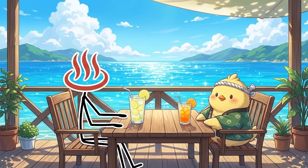 海を望むテラス席でドリンクを楽しむとりじんと炎のキャラクター