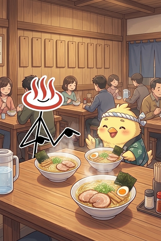 とりじんが伯方島のラーメン店で塩ラーメンを食べているイラスト