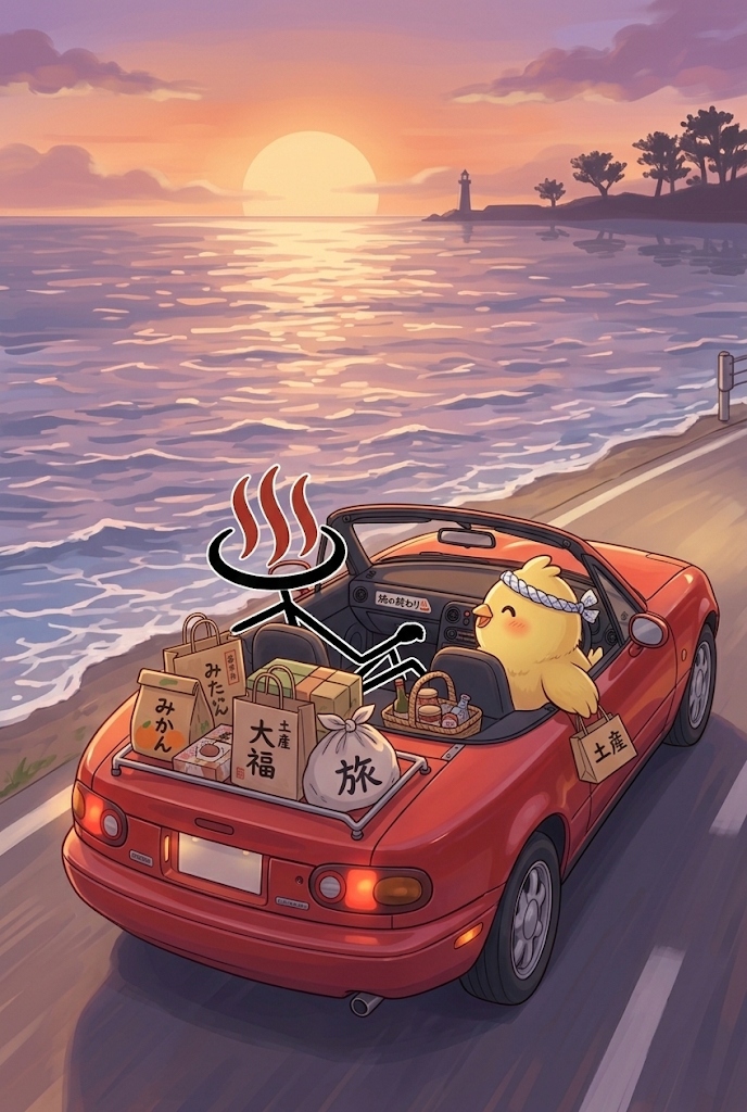 とりじんがお土産を積んだ赤いオープンカーでしまなみ海道の夕暮れの海沿いを走るイラスト