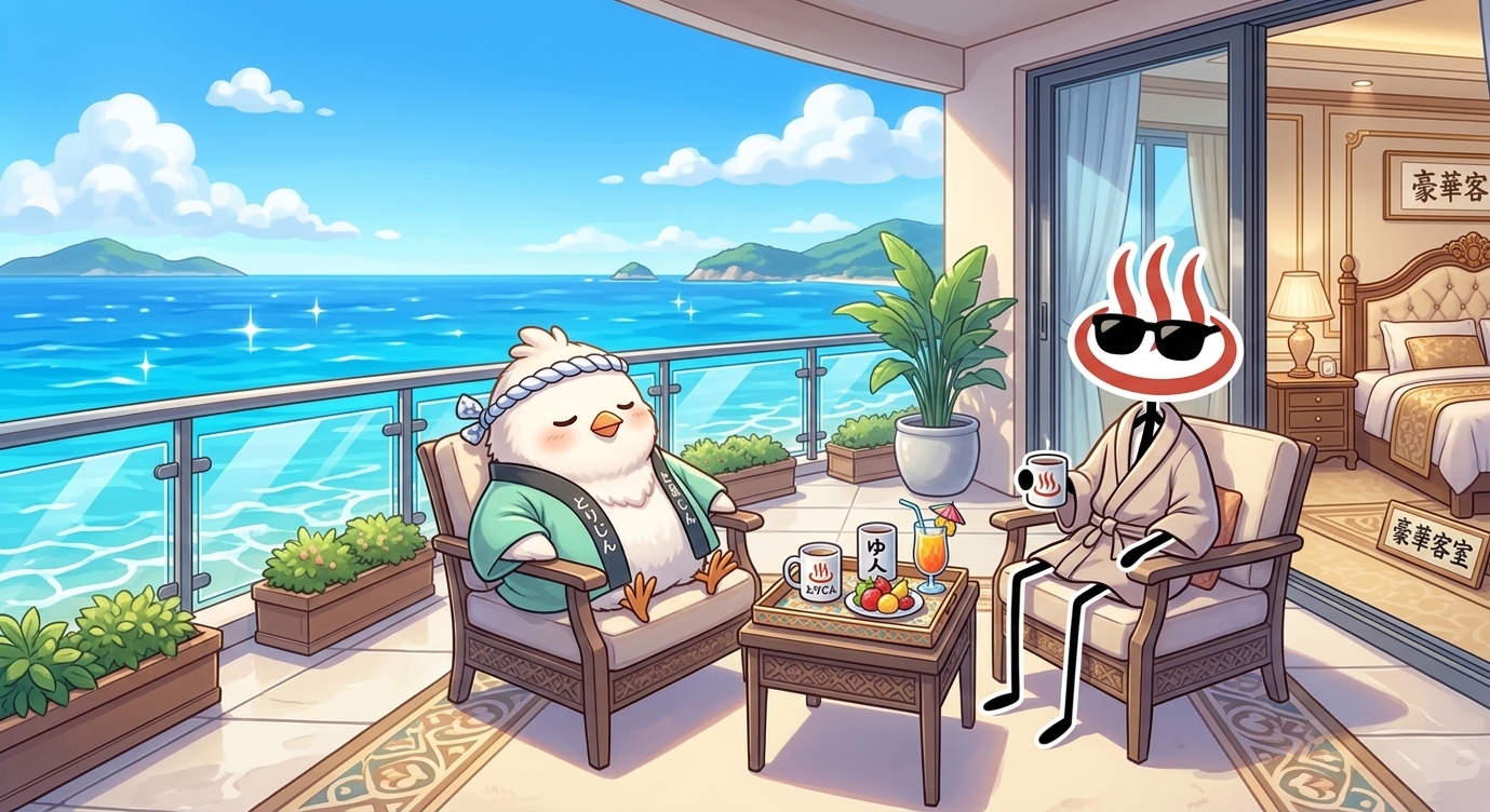 海を見渡すバルコニーでくつろぐとりじんキャラクターのイラスト、豪華な客室のイメージ