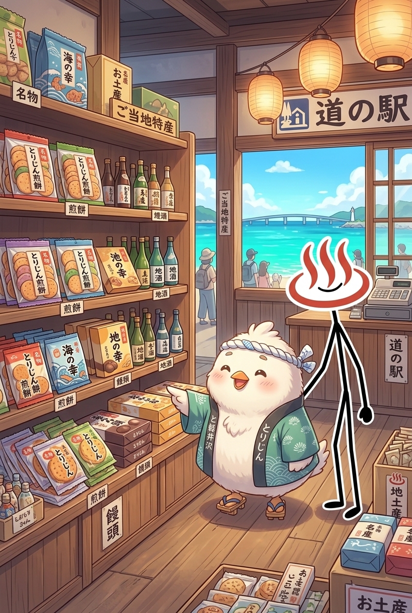 道の駅の売店で土産物を選ぶとりじんキャラクターのイラスト、窓の外に角島大橋と灯台が見えるイメージ