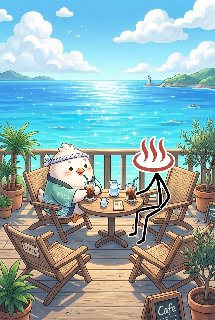 海を望むオープンテラス席でアイスドリンクを飲むとりじんキャラクターのイラスト、遠くに灯台が見えるイメージ