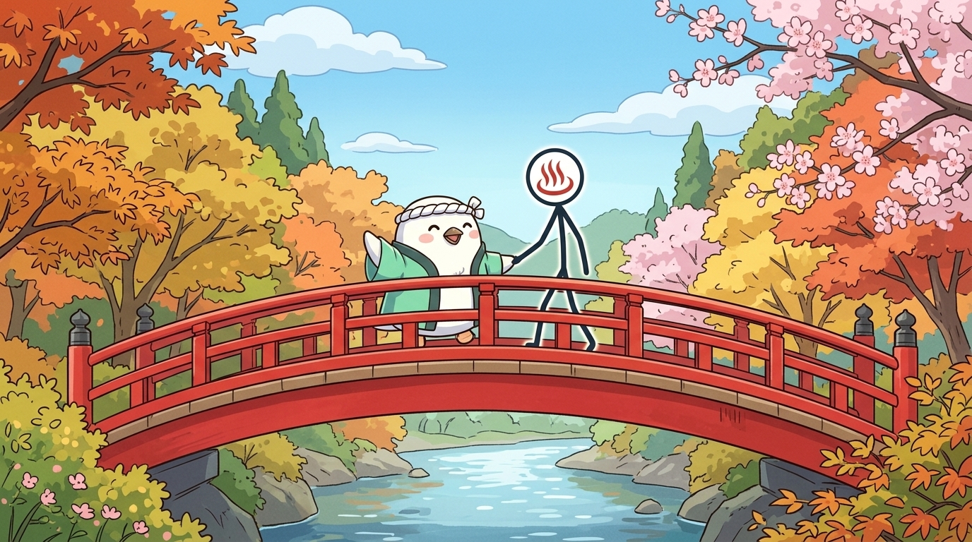 紅葉の観音橋を渡るとりじんとYU人のイラスト、養老渓谷駅周辺散策コースのイメージ