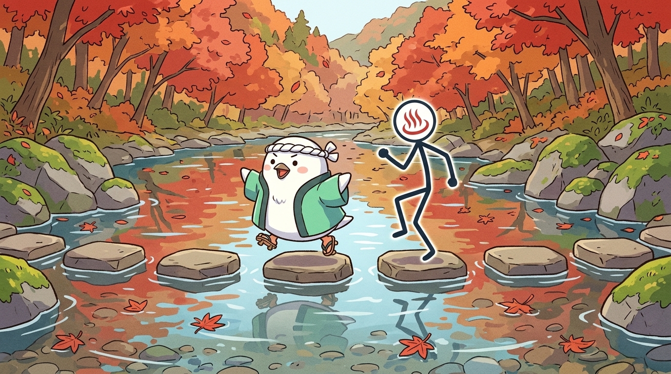 紅葉の渓流にかかる飛び石を渡るとりじんとYU人のイラスト、粟又の滝上流の散策イメージ