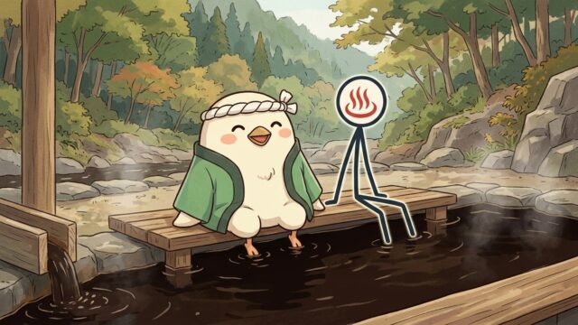 養老渓谷の黒湯露天風呂に足を浸けてくつろぐとりじんとYU人のイラスト、湯船の湯は黒っぽく色づき、紅葉の渓谷を背景に湯気が立ちのぼっている
