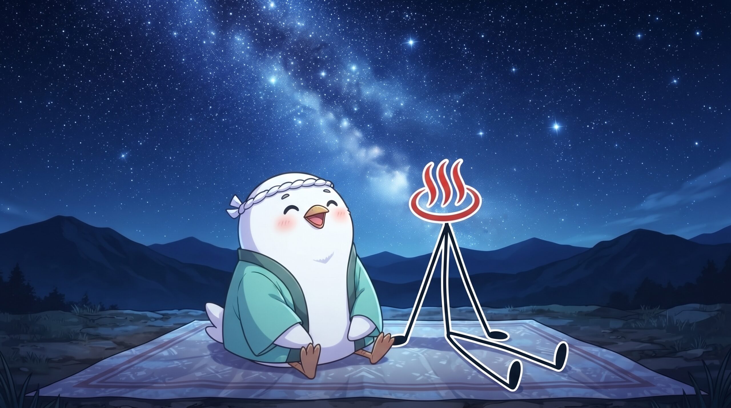 星空の下、シートを広げてくつろぐ雰囲気のイメージイラスト(前泊でゆったり過ごすイメージカット、行き先名なし)