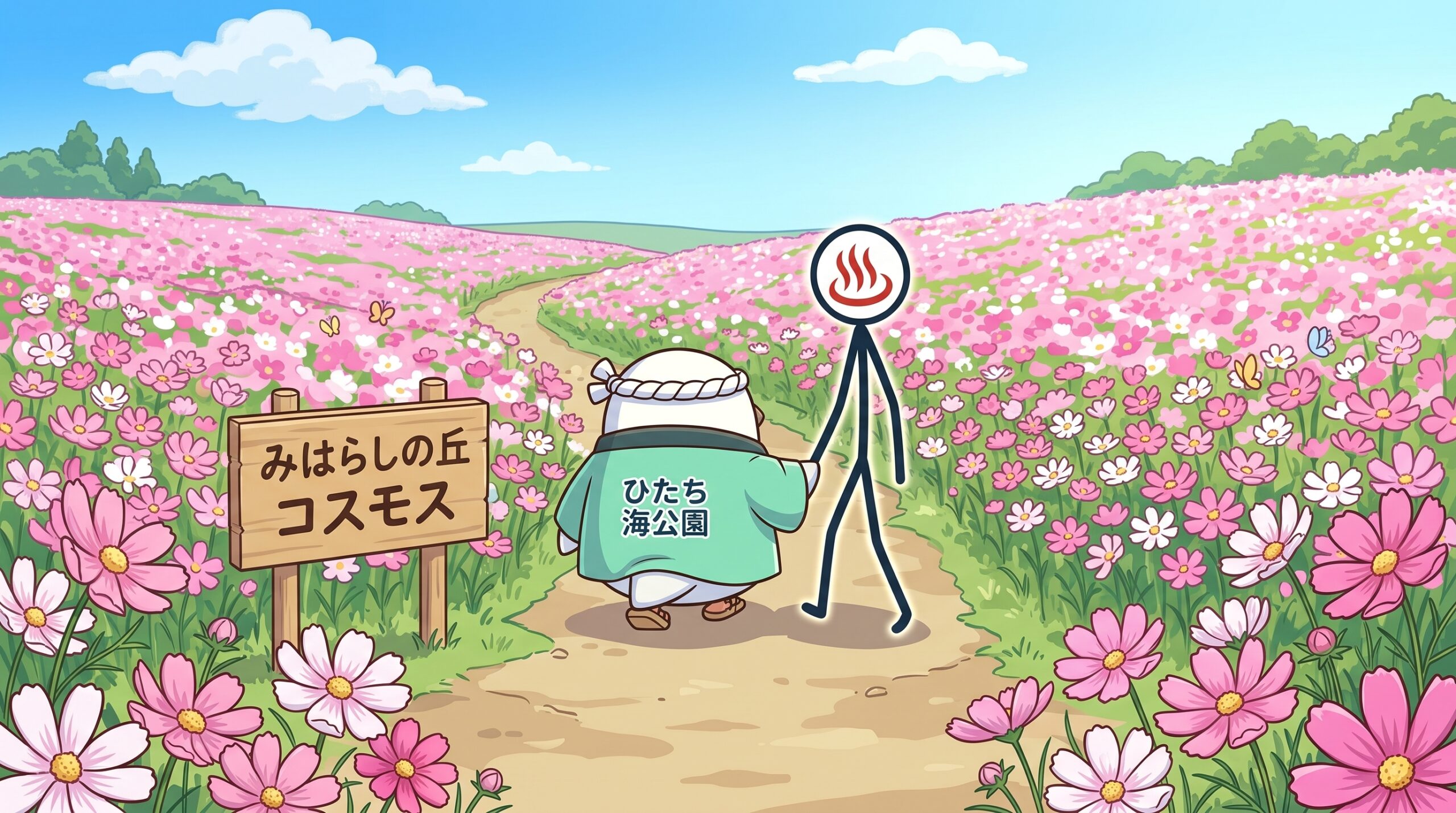 「みはらしの丘 コスモス」の立て札の横、一面のコスモス畑の小道を歩くとりじんとYU人の後ろ姿(秋のコスモスの様子、イラスト)