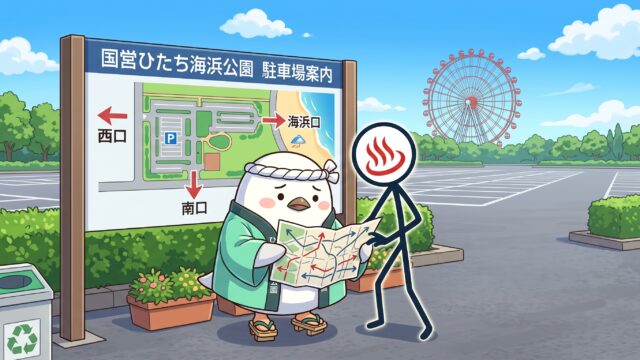 とりじんとYU人がコキアの丘で記念撮影をしているイラスト、スマホ画面に「ひたち海浜公園 コキアの丘」の文字