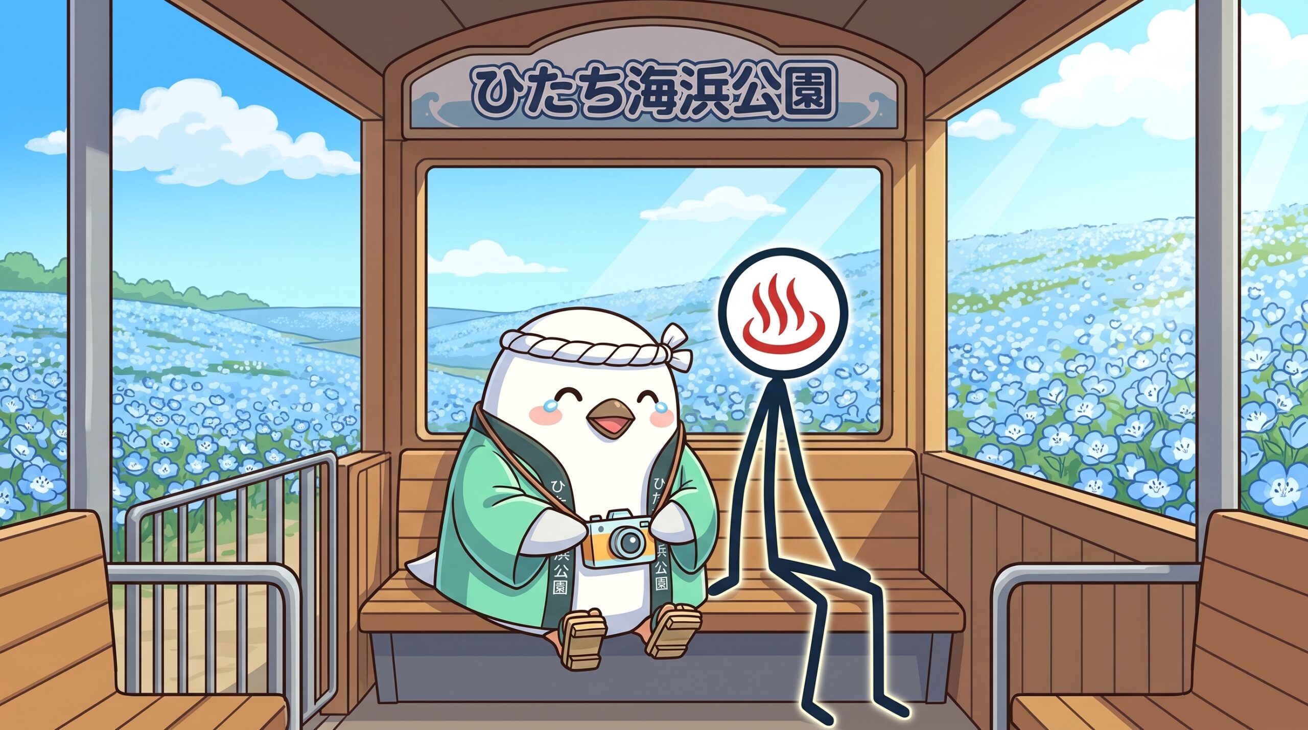 シーサイドトレインの車内で、とりじんとYU人が並んで座り窓の外の花畑を眺めているイラスト