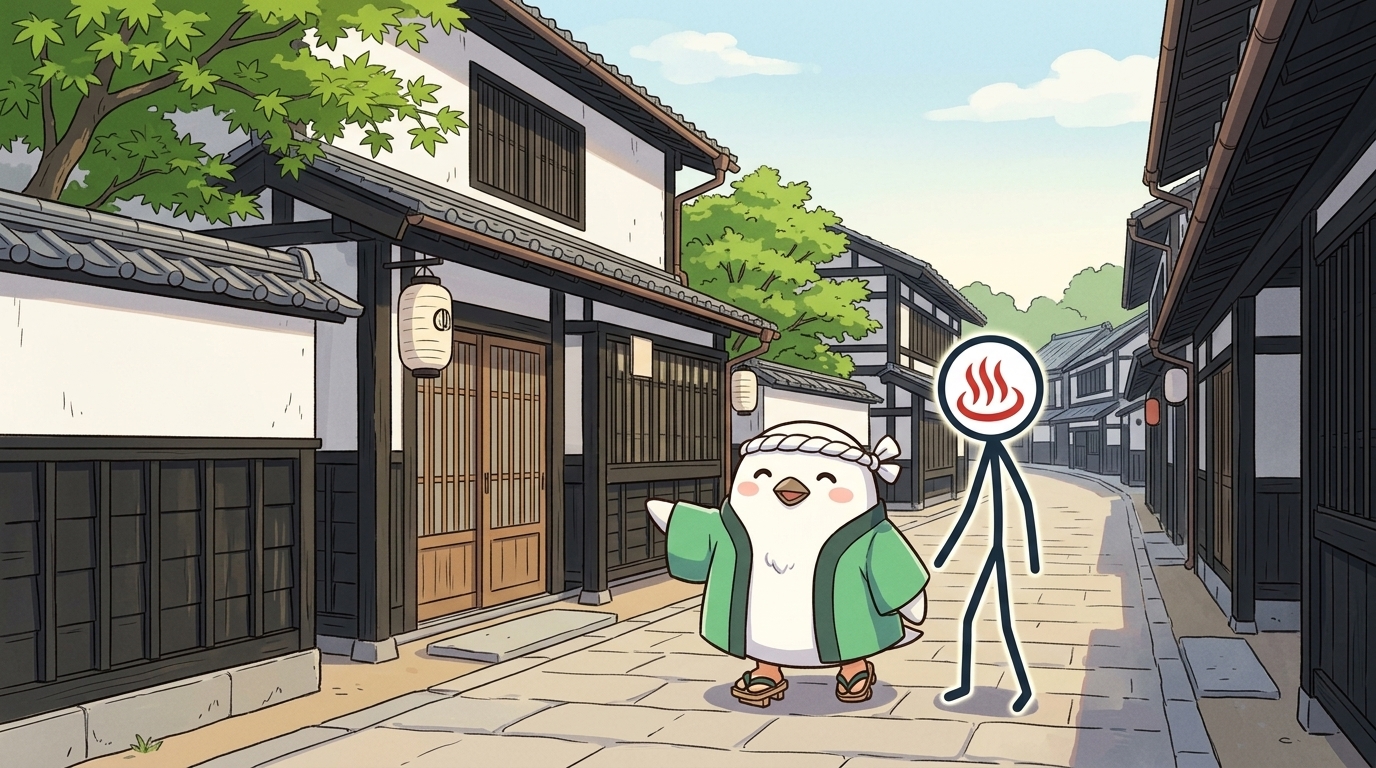 白壁の町家が並ぶ足助の古い町並みを歩くとりじんとYU人のイラスト