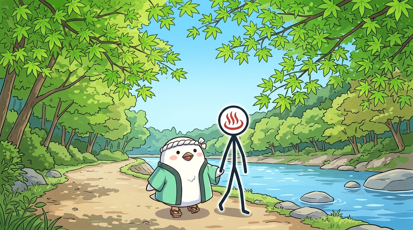 新緑のもみじに囲まれた巴川沿いを歩くとりじんとYU人のイラスト、香嵐渓の夏イメージ
