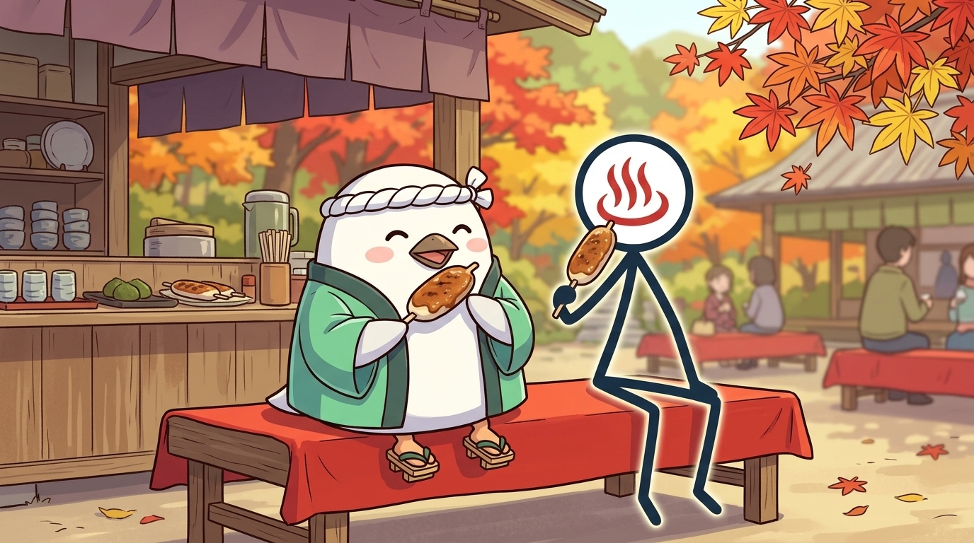 紅葉を眺めながら五平餅を食べるとりじんとYU人のイラスト、足助グルメイメージ