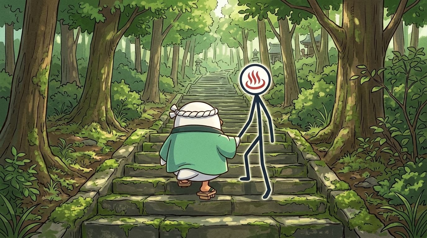 新緑期の香積寺参道の石段を上るとりじんとYU人のイラスト